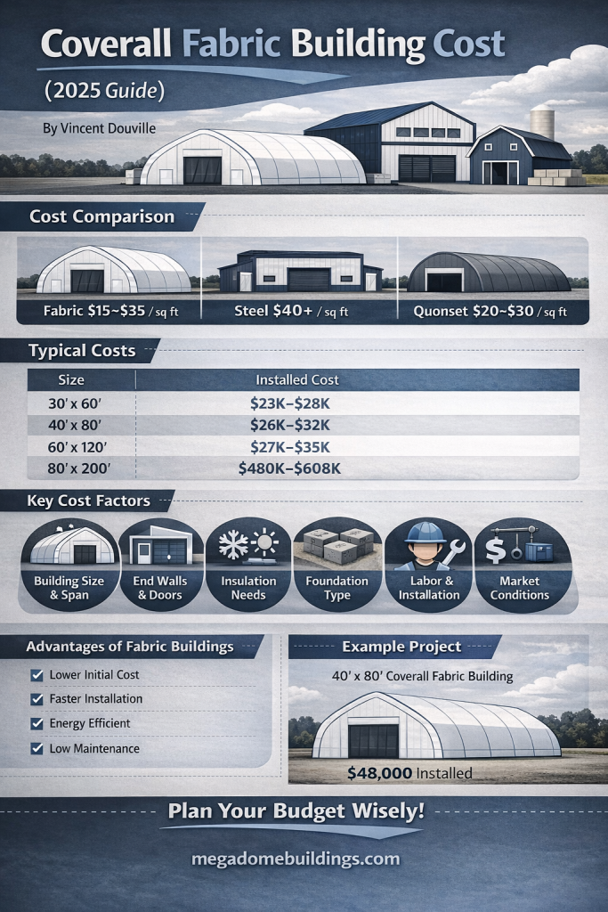 Coverall fabric building cost infographic showing price per square foot, installed cost ranges, key cost drivers, and example MegaDome project pricing for 2025