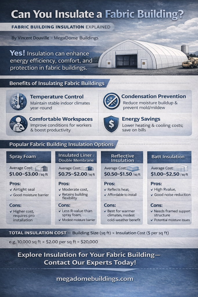 Infographic showing fabric building insulation options, benefits, and costs per square foot including spray foam, insulated liners, reflective insulation, and batt insulation