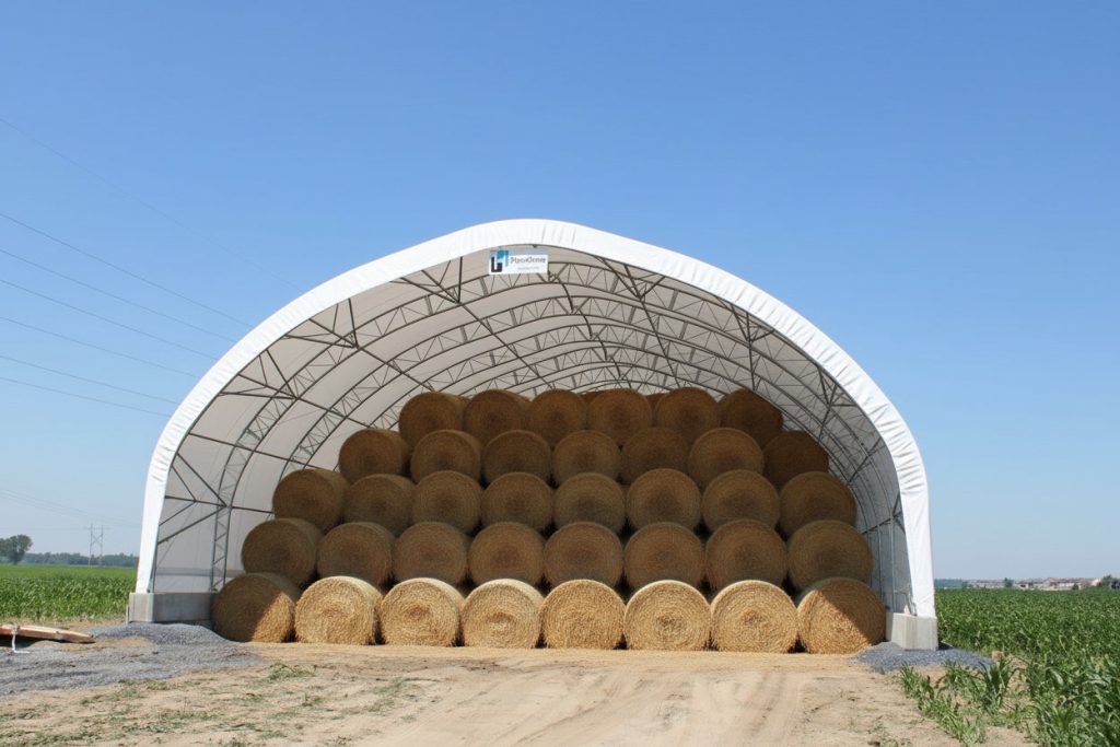 Round hay bales in a double pipe hoop barn