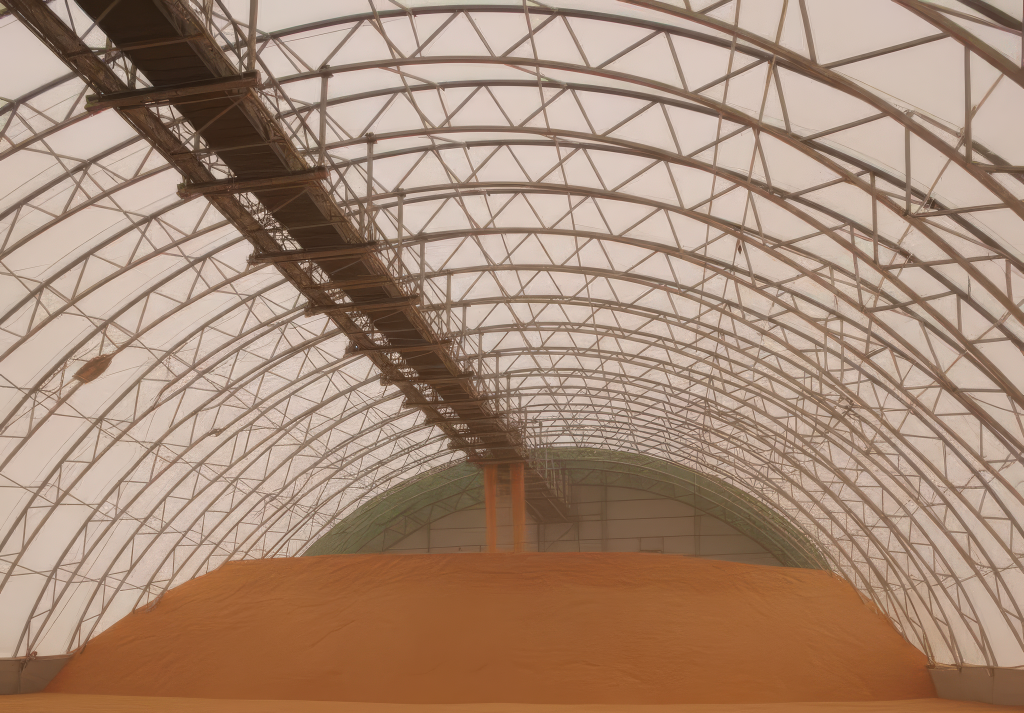 White MegaDome Fabric Grain Storage Buildings on a farm, designed for moisture control and crop protection.